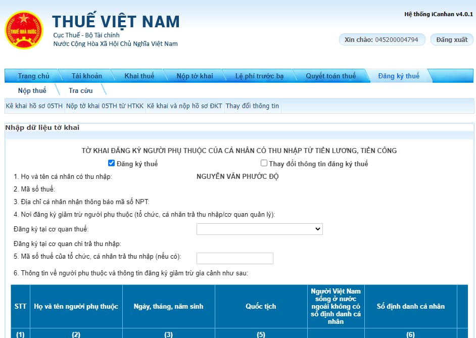 đăng ký người phụ thuộc