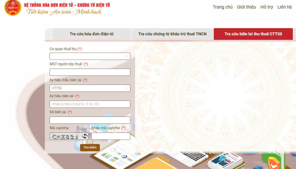 tra cứu biên lai thu thuế CTT50